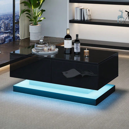 90*50*38cm schwarzer Hochglanz-Couchtisch, Sofatisch mit 2 Schubladen, ausgestattet mit einem stimmungsvollen Wohnzimmertisch mit LED-Beleuchtung, gesteuert über eine mobile App