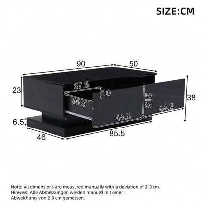 90*50*38cm schwarzer Hochglanz-Couchtisch, Sofatisch mit 2 Schubladen, ausgestattet mit einem stimmungsvollen Wohnzimmertisch mit LED-Beleuchtung, gesteuert über eine mobile App