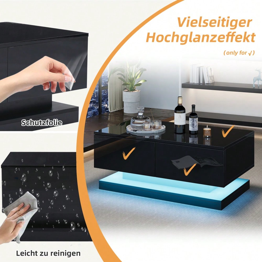 90*50*38cm schwarzer Hochglanz-Couchtisch, Sofatisch mit 2 Schubladen, ausgestattet mit einem stimmungsvollen Wohnzimmertisch mit LED-Beleuchtung, gesteuert über eine mobile App