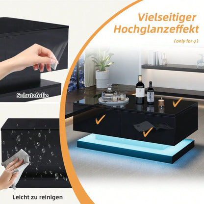 90*50*38cm schwarzer Hochglanz-Couchtisch, Sofatisch mit 2 Schubladen, ausgestattet mit einem stimmungsvollen Wohnzimmertisch mit LED-Beleuchtung, gesteuert über eine mobile App