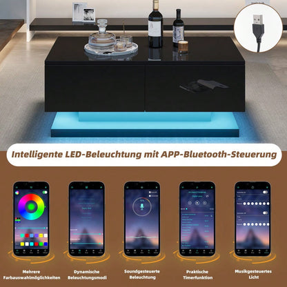 90*50*38cm schwarzer Hochglanz-Couchtisch, Sofatisch mit 2 Schubladen, ausgestattet mit einem stimmungsvollen Wohnzimmertisch mit LED-Beleuchtung, gesteuert über eine mobile App