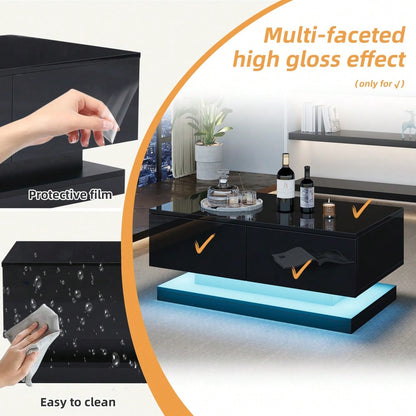 90*50*38cm schwarzer Hochglanz-Couchtisch, Sofatisch mit 2 Schubladen, ausgestattet mit einem stimmungsvollen Wohnzimmertisch mit LED-Beleuchtung, gesteuert über eine mobile App