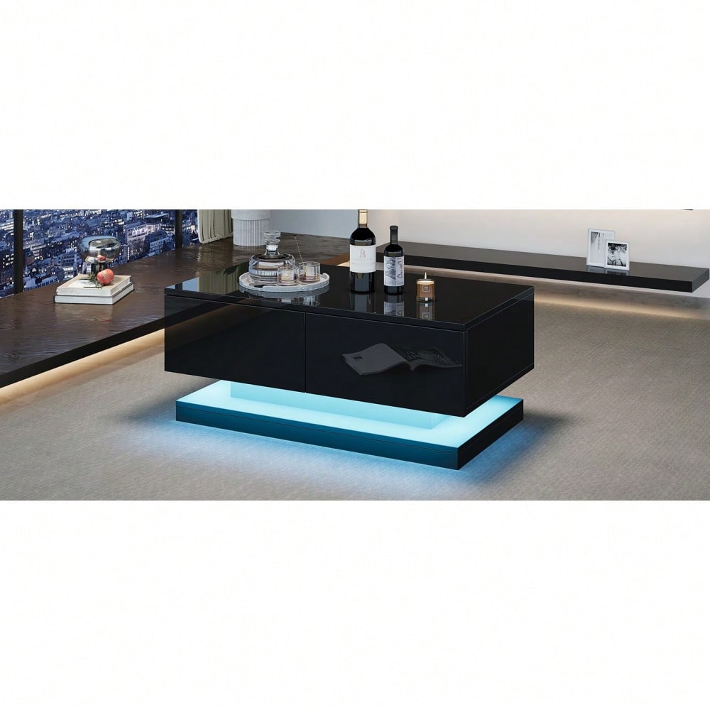 90*50*38cm schwarzer Hochglanz-Couchtisch, Sofatisch mit 2 Schubladen, ausgestattet mit einem stimmungsvollen Wohnzimmertisch mit LED-Beleuchtung, gesteuert über eine mobile App