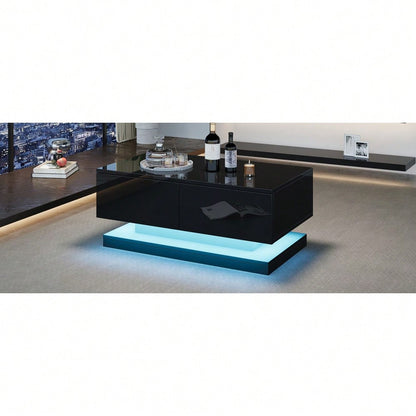 90*50*38cm schwarzer Hochglanz-Couchtisch, Sofatisch mit 2 Schubladen, ausgestattet mit einem stimmungsvollen Wohnzimmertisch mit LED-Beleuchtung, gesteuert über eine mobile App