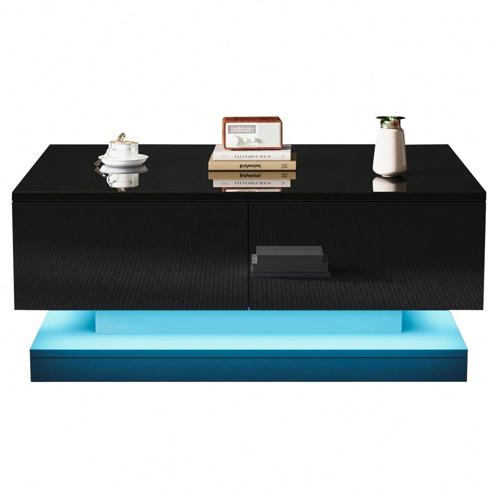90*50*38cm schwarzer Hochglanz-Couchtisch, Sofatisch mit 2 Schubladen, ausgestattet mit einem stimmungsvollen Wohnzimmertisch mit LED-Beleuchtung, gesteuert über eine mobile App