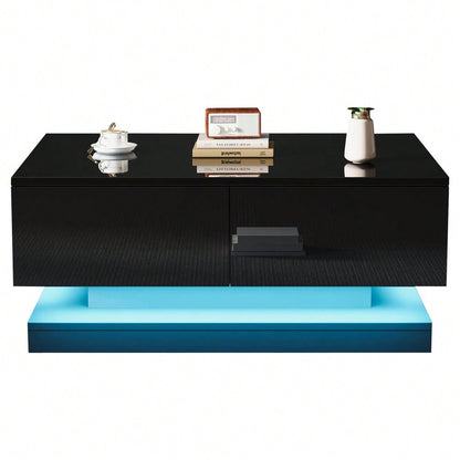 90*50*38cm schwarzer Hochglanz-Couchtisch, Sofatisch mit 2 Schubladen, ausgestattet mit einem stimmungsvollen Wohnzimmertisch mit LED-Beleuchtung, gesteuert über eine mobile App