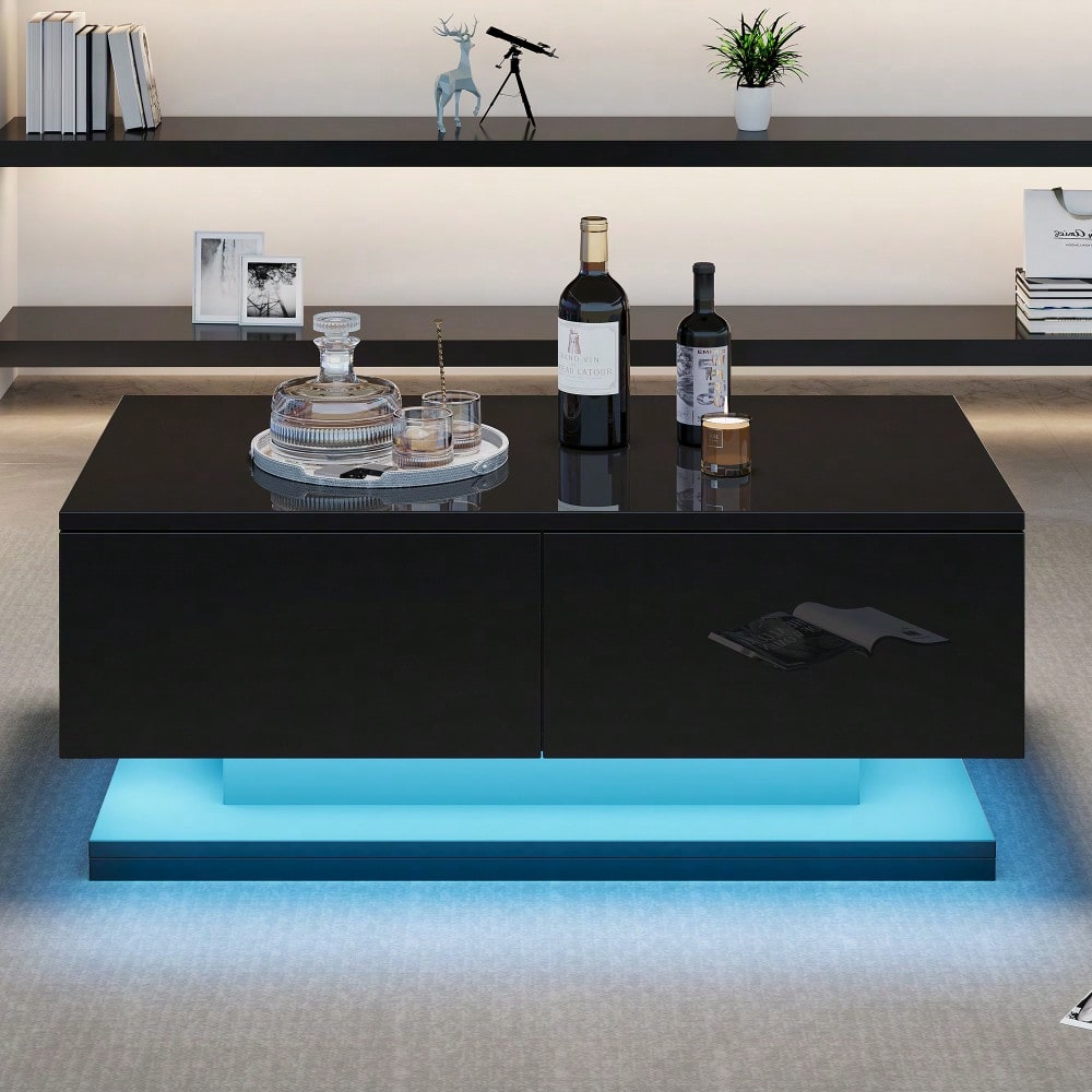 90*50*38cm schwarzer Hochglanz-Couchtisch, Sofatisch mit 2 Schubladen, ausgestattet mit einem stimmungsvollen Wohnzimmertisch mit LED-Beleuchtung, gesteuert über eine mobile App