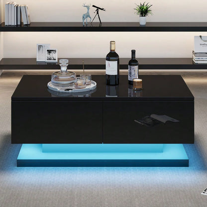 90*50*38cm schwarzer Hochglanz-Couchtisch, Sofatisch mit 2 Schubladen, ausgestattet mit einem stimmungsvollen Wohnzimmertisch mit LED-Beleuchtung, gesteuert über eine mobile App