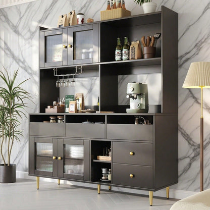 Esszimmer-Hochschrank (145 x 39 x 171 cm) mit Lochglastüren, Weinglasregal, mehrstufigem Stauraum, edles Schwarz mit Golddekor, geeignet für den Einsatz im Esszimmer (Previous sku: N620P1915222324S)