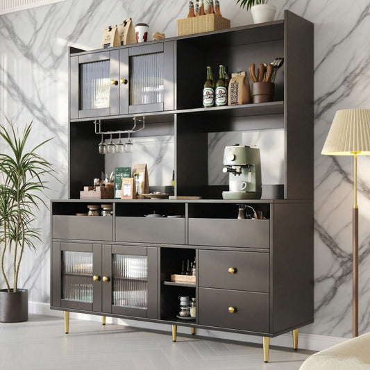 Esszimmer-Hochschrank (145 x 39 x 171 cm) mit Lochglastüren, Weinglasregal, mehrstufigem Stauraum, edles Schwarz mit Golddekor, geeignet für den Einsatz im Esszimmer (Previous sku: N620P1915222324S)