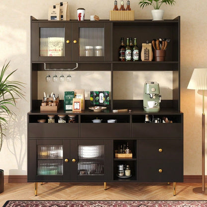 Esszimmer-Hochschrank (145 x 39 x 171 cm) mit Lochglastüren, Weinglasregal, mehrstufigem Stauraum, edles Schwarz mit Golddekor, geeignet für den Einsatz im Esszimmer (Previous sku: N620P1915222324S)