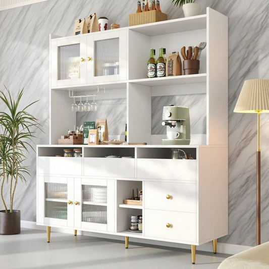 Restaurant-Hochschrank (145 x 39 x 171 cm),  mit Changhong-Glastür, Weinglasregal, mehrschichtiger Stauraum, elegantes Weiß mit Golddekoration, geeignet für Restaurants(Previous sku:N620P1915222324W)