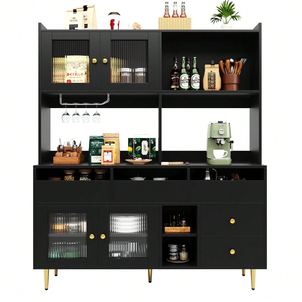 Esszimmer-Hochschrank (145 x 39 x 171 cm) mit Lochglastüren, Weinglasregal, mehrstufigem Stauraum, edles Schwarz mit Golddekor, geeignet für den Einsatz im Esszimmer (Previous sku: N620P1915222324S)