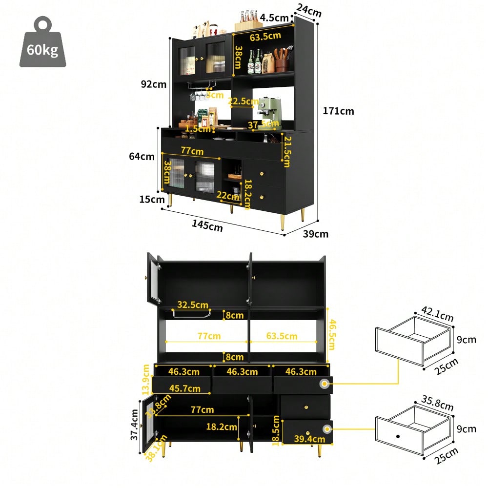 Esszimmer-Hochschrank (145 x 39 x 171 cm) mit Lochglastüren, Weinglasregal, mehrstufigem Stauraum, edles Schwarz mit Golddekor, geeignet für den Einsatz im Esszimmer (Previous sku: N620P1915222324S)