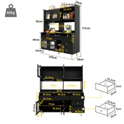 Esszimmer-Hochschrank (145 x 39 x 171 cm) mit Lochglastüren, Weinglasregal, mehrstufigem Stauraum, edles Schwarz mit Golddekor, geeignet für den Einsatz im Esszimmer (Previous sku: N620P1915222324S)