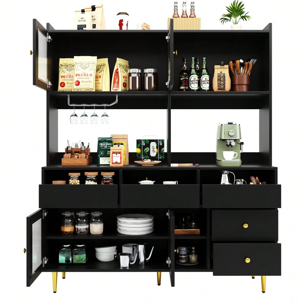 Esszimmer-Hochschrank (145 x 39 x 171 cm) mit Lochglastüren, Weinglasregal, mehrstufigem Stauraum, edles Schwarz mit Golddekor, geeignet für den Einsatz im Esszimmer (Previous sku: N620P1915222324S)