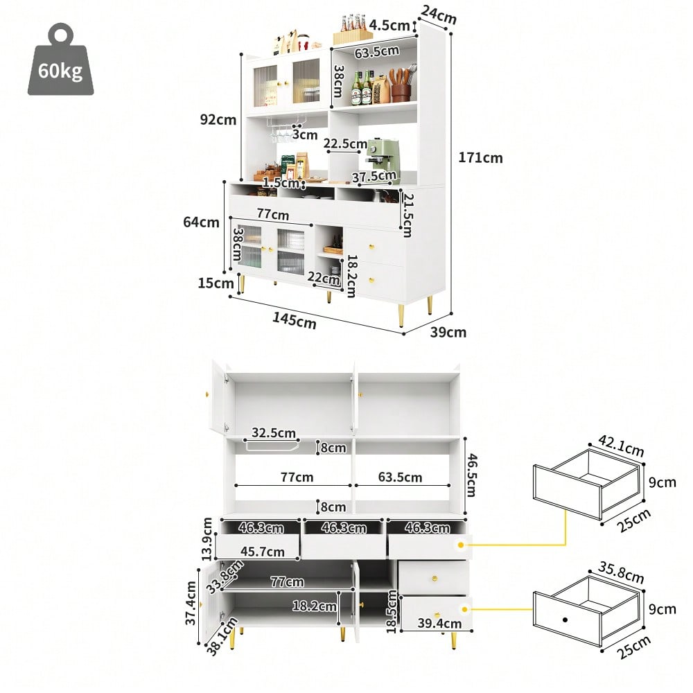 Restaurant-Hochschrank (145 x 39 x 171 cm),  mit Changhong-Glastür, Weinglasregal, mehrschichtiger Stauraum, elegantes Weiß mit Golddekoration, geeignet für Restaurants(Previous sku:N620P1915222324W)