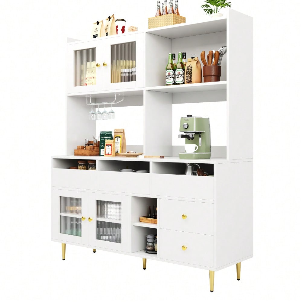 Restaurant-Hochschrank (145 x 39 x 171 cm),  mit Changhong-Glastür, Weinglasregal, mehrschichtiger Stauraum, elegantes Weiß mit Golddekoration, geeignet für Restaurants(Previous sku:N620P1915222324W)