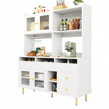 Restaurant-Hochschrank (145 x 39 x 171 cm),  mit Changhong-Glastür, Weinglasregal, mehrschichtiger Stauraum, elegantes Weiß mit Golddekoration, geeignet für Restaurants(Previous sku:N620P1915222324W)
