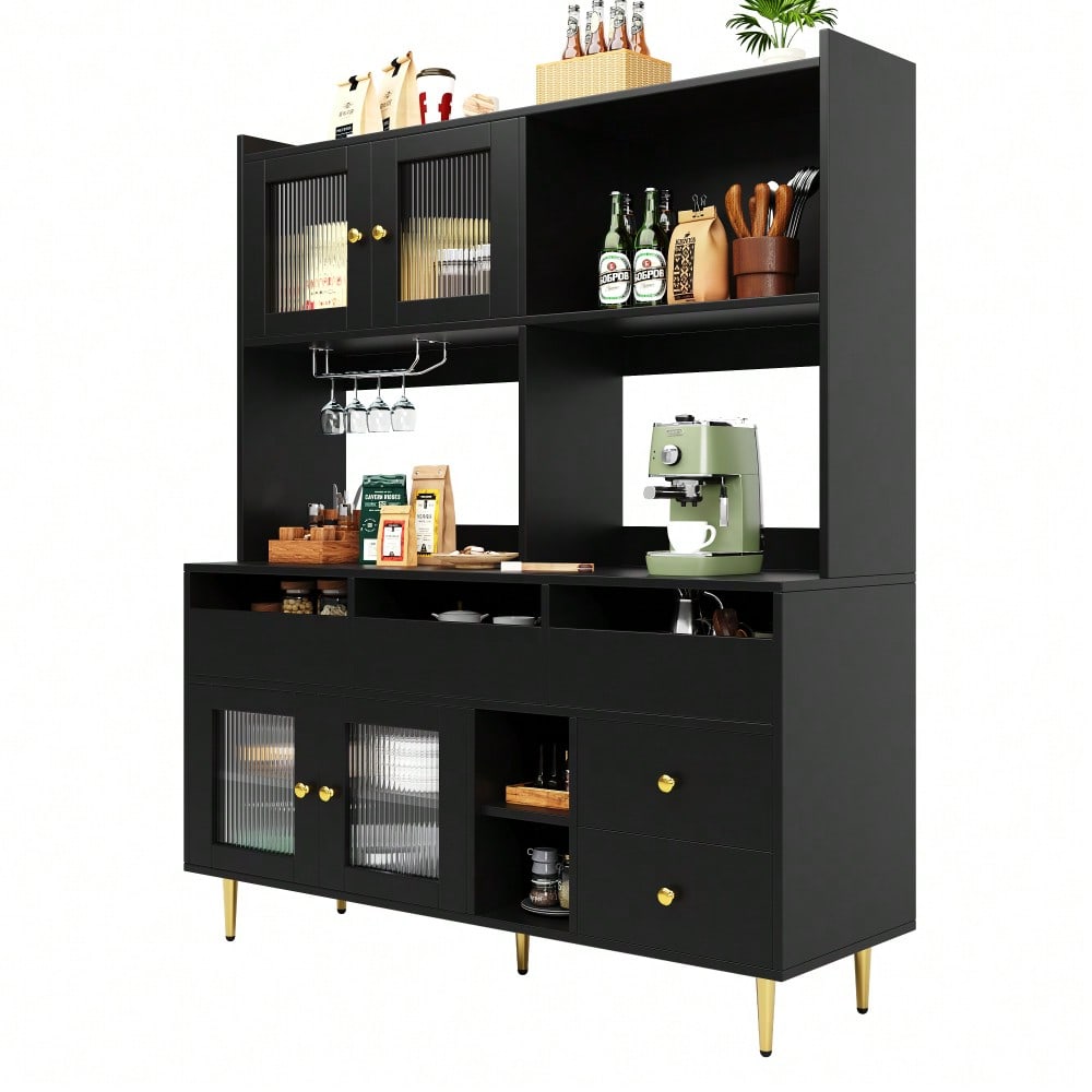 Esszimmer-Hochschrank (145 x 39 x 171 cm) mit Lochglastüren, Weinglasregal, mehrstufigem Stauraum, edles Schwarz mit Golddekor, geeignet für den Einsatz im Esszimmer (Previous sku: N620P1915222324S)
