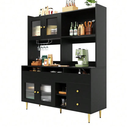 Esszimmer-Hochschrank (145 x 39 x 171 cm) mit Lochglastüren, Weinglasregal, mehrstufigem Stauraum, edles Schwarz mit Golddekor, geeignet für den Einsatz im Esszimmer (Previous sku: N620P1915222324S)