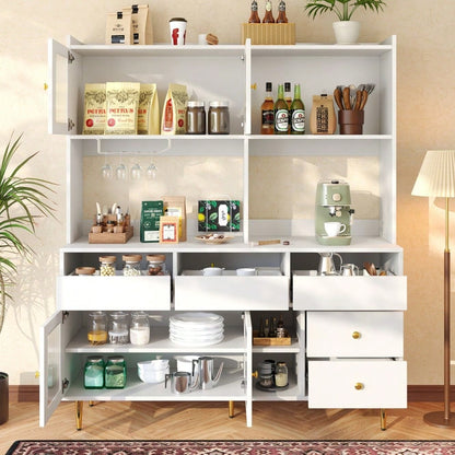Restaurant-Hochschrank (145 x 39 x 171 cm),  mit Changhong-Glastür, Weinglasregal, mehrschichtiger Stauraum, elegantes Weiß mit Golddekoration, geeignet für Restaurants(Previous sku:N620P1915222324W)