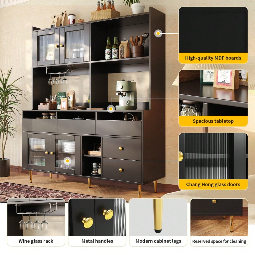Esszimmer-Hochschrank (145 x 39 x 171 cm) mit Lochglastüren, Weinglasregal, mehrstufigem Stauraum, edles Schwarz mit Golddekor, geeignet für den Einsatz im Esszimmer (Previous sku: N620P1915222324S)