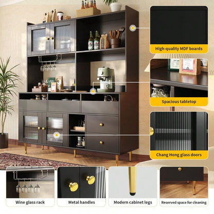 Esszimmer-Hochschrank (145 x 39 x 171 cm) mit Lochglastüren, Weinglasregal, mehrstufigem Stauraum, edles Schwarz mit Golddekor, geeignet für den Einsatz im Esszimmer (Previous sku: N620P1915222324S)