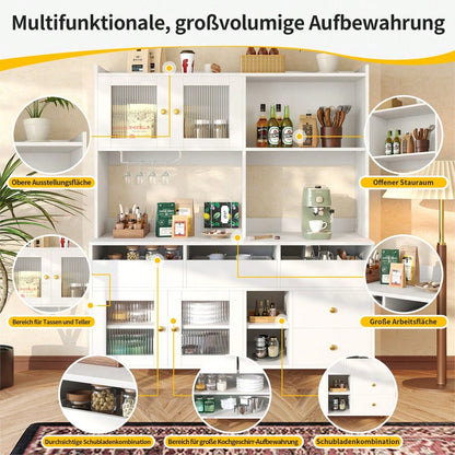 Restaurant-Hochschrank (145 x 39 x 171 cm),  mit Changhong-Glastür, Weinglasregal, mehrschichtiger Stauraum, elegantes Weiß mit Golddekoration, geeignet für Restaurants(Previous sku:N620P1915222324W)