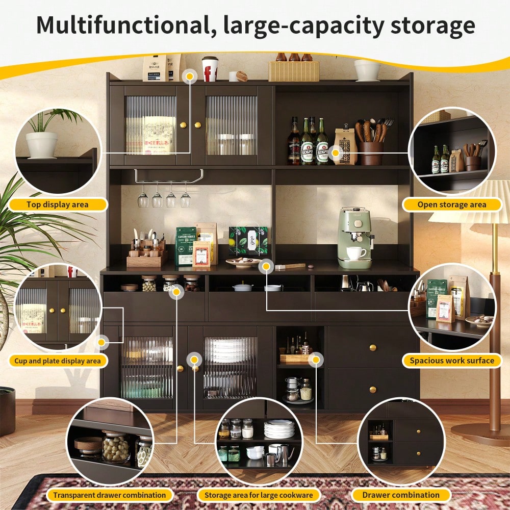 Esszimmer-Hochschrank (145 x 39 x 171 cm) mit Lochglastüren, Weinglasregal, mehrstufigem Stauraum, edles Schwarz mit Golddekor, geeignet für den Einsatz im Esszimmer (Previous sku: N620P1915222324S)