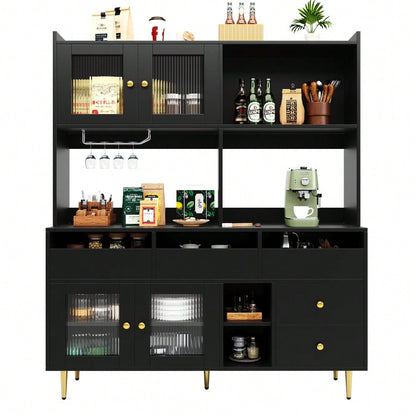 Esszimmer-Hochschrank (145 x 39 x 171 cm) mit Lochglastüren, Weinglasregal, mehrstufigem Stauraum, edles Schwarz mit Golddekor, geeignet für den Einsatz im Esszimmer (Previous sku: N620P1915222324S)