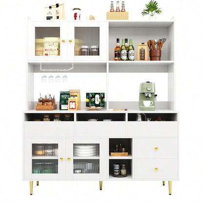 Restaurant-Hochschrank (145 x 39 x 171 cm),  mit Changhong-Glastür, Weinglasregal, mehrschichtiger Stauraum, elegantes Weiß mit Golddekoration, geeignet für Restaurants(Previous sku:N620P1915222324W)