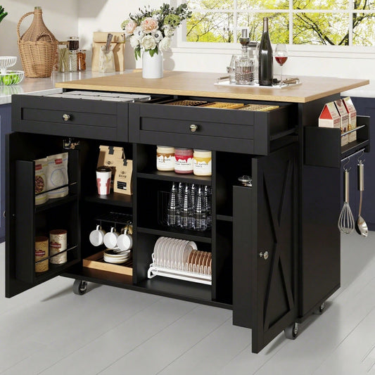 Moderne Kücheninsel, Küchenschrank, buffetschrank, Speisewagen mit Holzmaserung, Multifunktionale Esstisch mit Speicherraum, Speisewagen mit Snackregalen, Schwarz