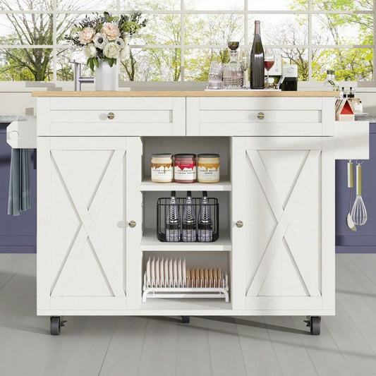 Moderne Kücheninsel, Küchenschrank, buffetschrank, Speisewagen mit Holzmaserung, Multifunktionale Esstisch mit Speicherraum, Speisewagen mit Snackregalen, weiß