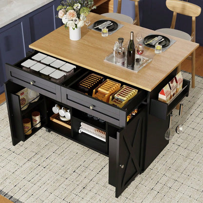 Moderne Kücheninsel, Küchenschrank, buffetschrank, Speisewagen mit Holzmaserung, Multifunktionale Esstisch mit Speicherraum, Speisewagen mit Snackregalen, Schwarz