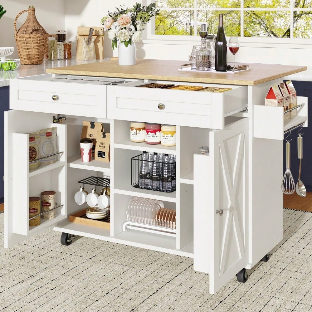 Moderne Kücheninsel, Küchenschrank, buffetschrank, Speisewagen mit Holzmaserung, Multifunktionale Esstisch mit Speicherraum, Speisewagen mit Snackregalen, weiß