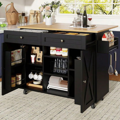 Moderne Kücheninsel, Küchenschrank, buffetschrank, Speisewagen mit Holzmaserung, Multifunktionale Esstisch mit Speicherraum, Speisewagen mit Snackregalen, Schwarz