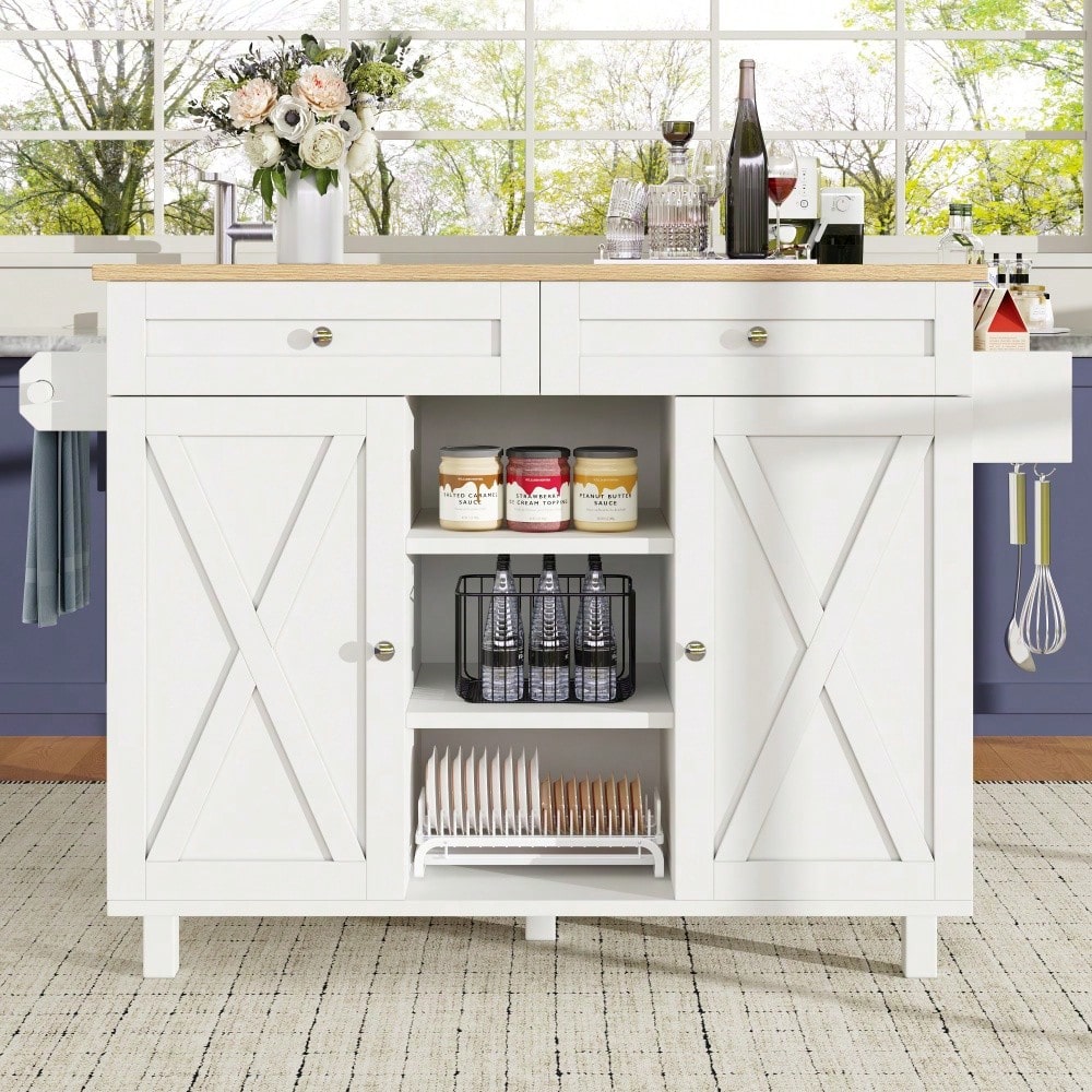 Moderne Kücheninsel, Küchenschrank, buffetschrank, Speisewagen mit Holzmaserung, Multifunktionale Esstisch mit Speicherraum, Speisewagen mit Snackregalen, weiß