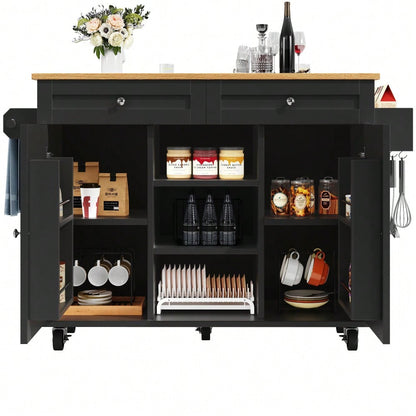 Moderne Kücheninsel, Küchenschrank, buffetschrank, Speisewagen mit Holzmaserung, Multifunktionale Esstisch mit Speicherraum, Speisewagen mit Snackregalen, Schwarz