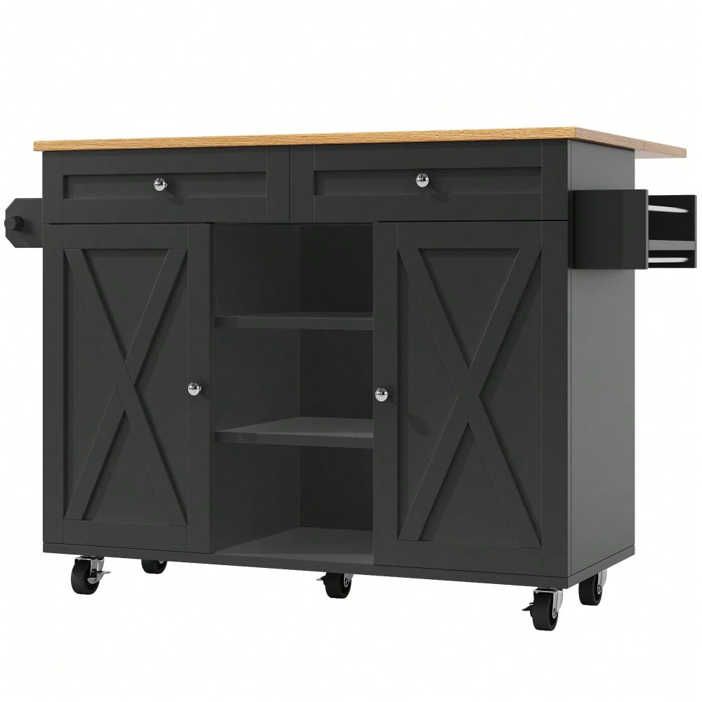 Moderne Kücheninsel, Küchenschrank, buffetschrank, Speisewagen mit Holzmaserung, Multifunktionale Esstisch mit Speicherraum, Speisewagen mit Snackregalen, Schwarz