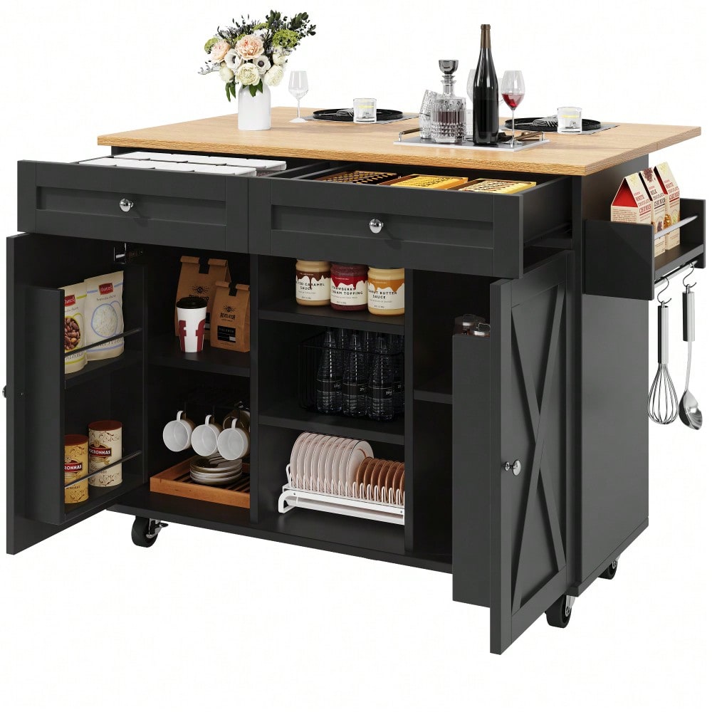 Moderne Kücheninsel, Küchenschrank, buffetschrank, Speisewagen mit Holzmaserung, Multifunktionale Esstisch mit Speicherraum, Speisewagen mit Snackregalen, Schwarz