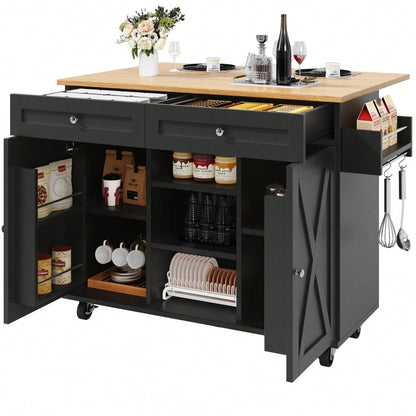 Moderne Kücheninsel, Küchenschrank, buffetschrank, Speisewagen mit Holzmaserung, Multifunktionale Esstisch mit Speicherraum, Speisewagen mit Snackregalen, Schwarz