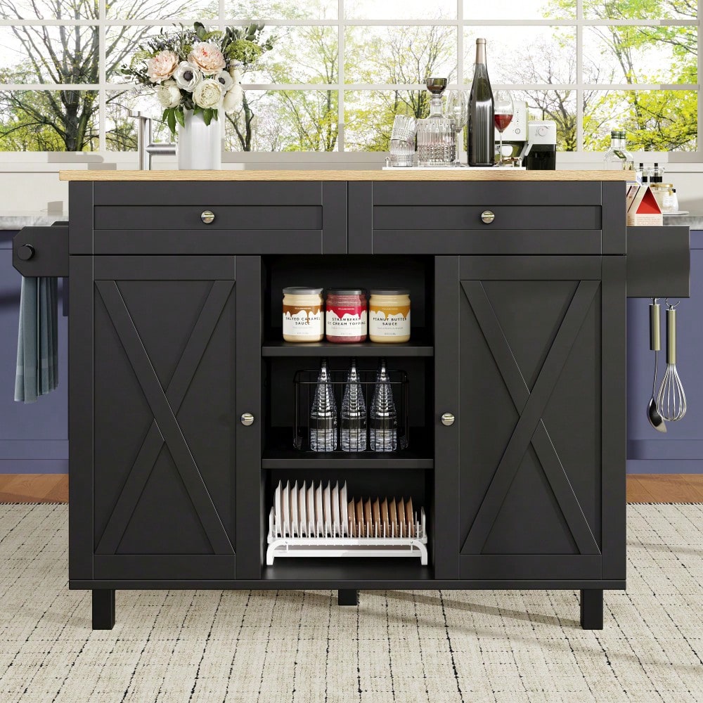 Moderne Kücheninsel, Küchenschrank, buffetschrank, Speisewagen mit Holzmaserung, Multifunktionale Esstisch mit Speicherraum, Speisewagen mit Snackregalen, Schwarz