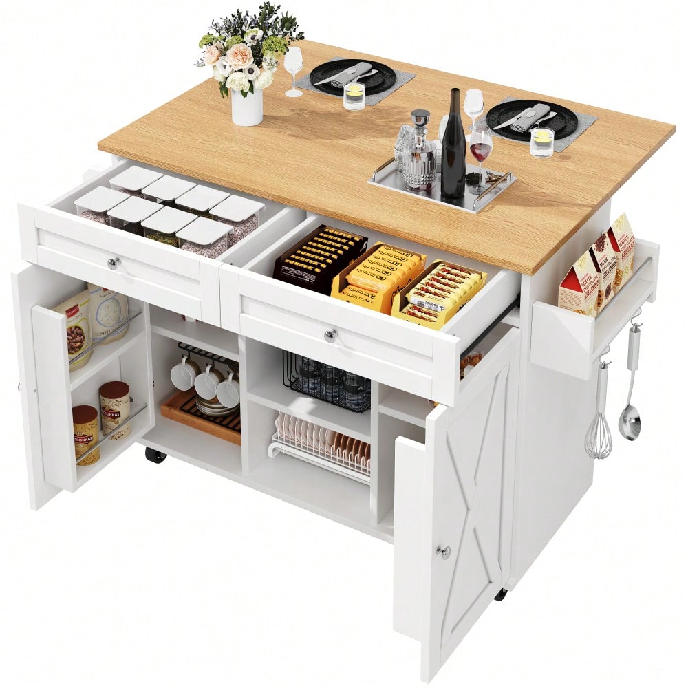 Moderne Kücheninsel, Küchenschrank, buffetschrank, Speisewagen mit Holzmaserung, Multifunktionale Esstisch mit Speicherraum, Speisewagen mit Snackregalen, weiß