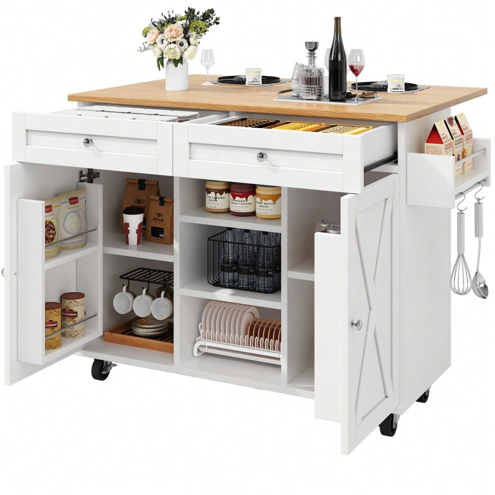 Moderne Kücheninsel, Küchenschrank, buffetschrank, Speisewagen mit Holzmaserung, Multifunktionale Esstisch mit Speicherraum, Speisewagen mit Snackregalen, weiß