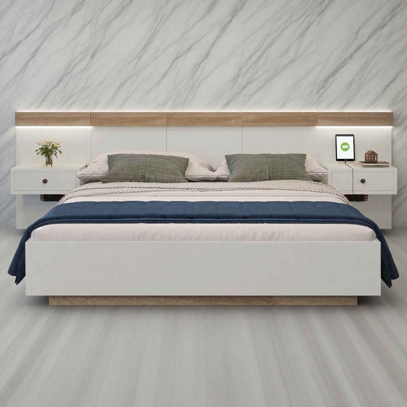 Doppelbett-Komplettset 140x200 cm mit 2 LED-Nachttischen & USB-C + Bettbank 145x38 cm Hydraulik-Stauraum, Bett in Eiche Sonoma/Weiß + Bank mit beiger Cord-Optik (Ohne Matratze)