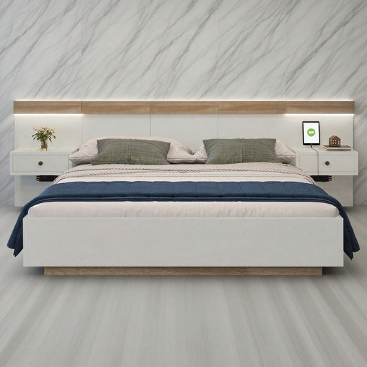 Doppelbett-Komplettset 140x200 cm mit 2 LED-Nachttischen & USB-C + Bettbank 145x38 cm Hydraulik-Stauraum, Bett in Eiche Sonoma/Weiß + Bank mit beiger Cord-Optik (Ohne Matratze)