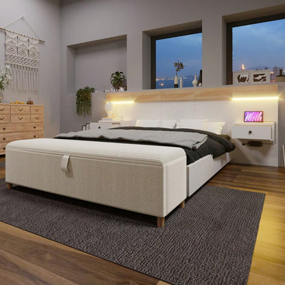 Doppelbett-Komplettset 140x200 cm mit 2 LED-Nachttischen & USB-C + Bettbank 145x38 cm Hydraulik-Stauraum, Bett in Eiche Sonoma/Weiß + Bank mit beiger Cord-Optik (Ohne Matratze)