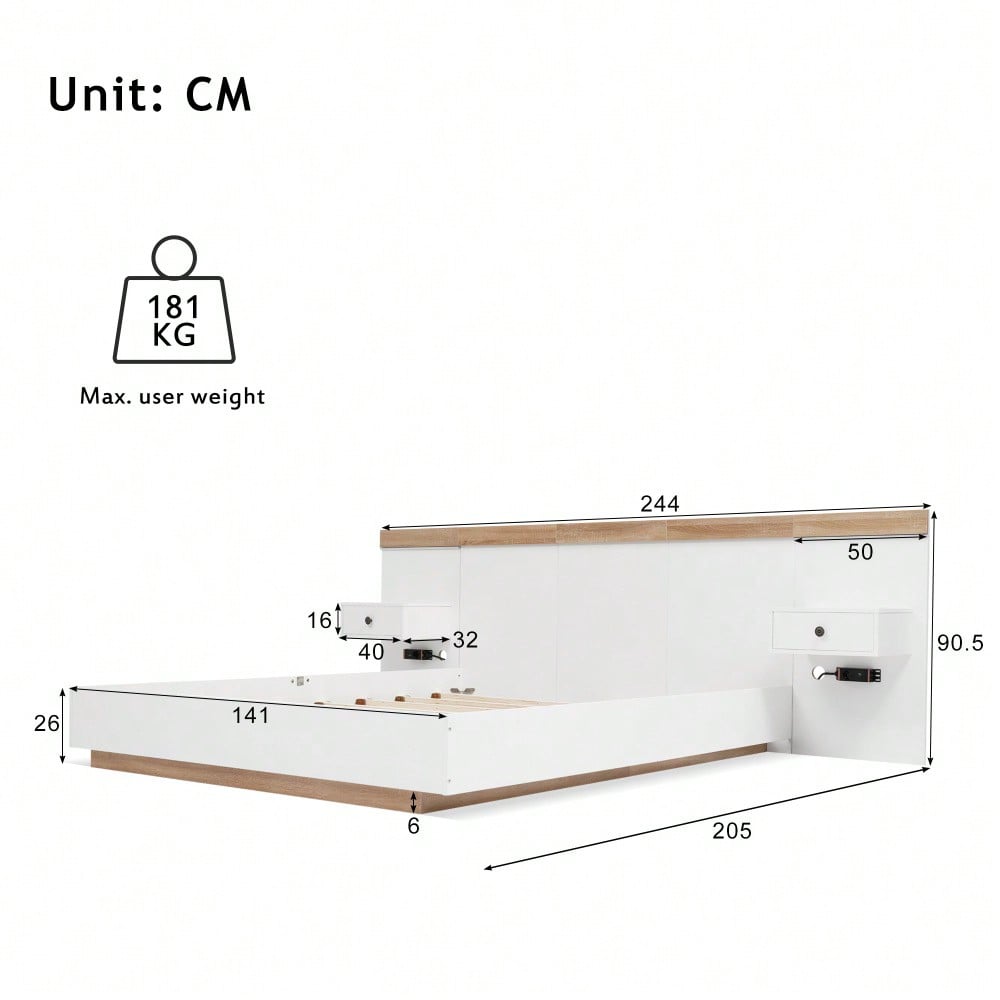 Doppelbett-Komplettset 140x200 cm mit 2 LED-Nachttischen & USB-C + Bettbank 145x38 cm Hydraulik-Stauraum, Bett in Eiche Sonoma/Weiß + Bank mit beiger Cord-Optik (Ohne Matratze)