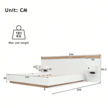 Doppelbett-Komplettset 140x200 cm mit 2 LED-Nachttischen & USB-C + Bettbank 145x38 cm Hydraulik-Stauraum, Bett in Eiche Sonoma/Weiß + Bank mit beiger Cord-Optik (Ohne Matratze)